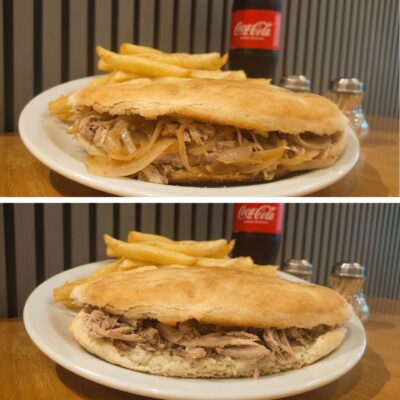 Sandwich de bondiola  braseada. Sale con fritas!!! y le podes agregar cebollita caramelizada   -